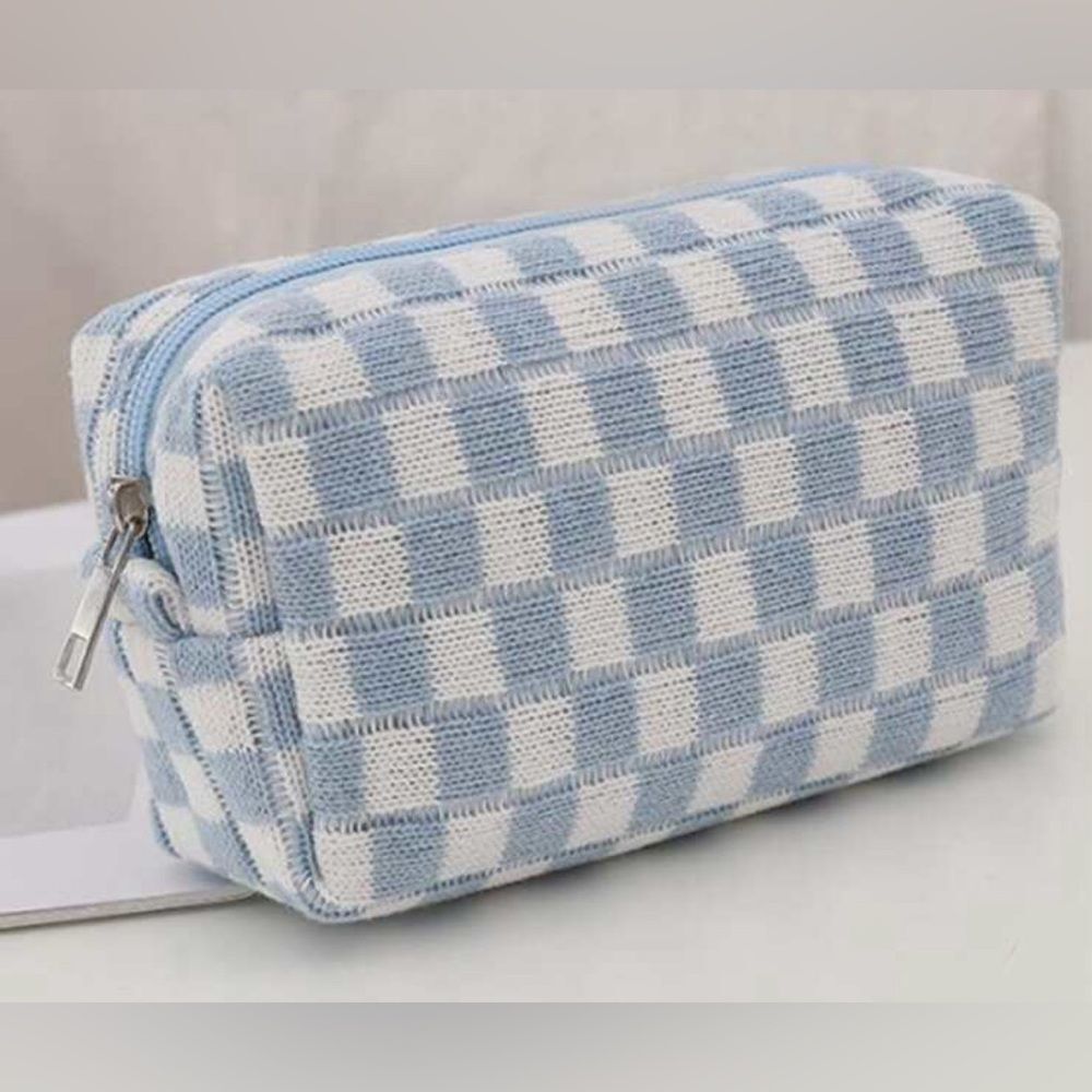 *Checkerboard* Baby Blue Travel Makeup Bag Lightweight Cosmetic Case